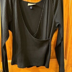 Universal Thread Black Ribbed Wrap-Front Long Sleeve Top